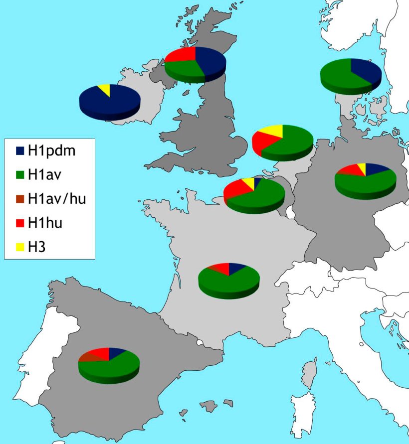 Figura 2. Restri&ccedil;&otilde;es geogr&aacute;ficas dos subtipos HA dos IAV que circulam&nbsp;actualmente na Europa. Os dados baseiam em refer&ecirc;ncias e nos nossos estudos de monitoriza&ccedil;&atilde;o passiva que come&ccedil;aram em 2015.
