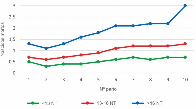 Gr&aacute;fico&nbsp;3: M&eacute;dia de leit&otilde;es nascidos mortos segundo a ordem&nbsp;de parto para as ninhadas de menos de 13, entre 13 e&nbsp;16 ou mais de 16 leit&otilde;es nascidos totais (NT). A an&aacute;lise baseia-se em 93.896 partos de porcas hiperprol&iacute;ficas que ocorreram entre Outubro de 2014 e Setembro de 2016
