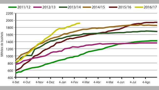 Gráfico 3. Volume semanal de exportações de grão de soja EUA na campanha actual e as cinco anteriores (milhões de bushels). Fonte: USDA