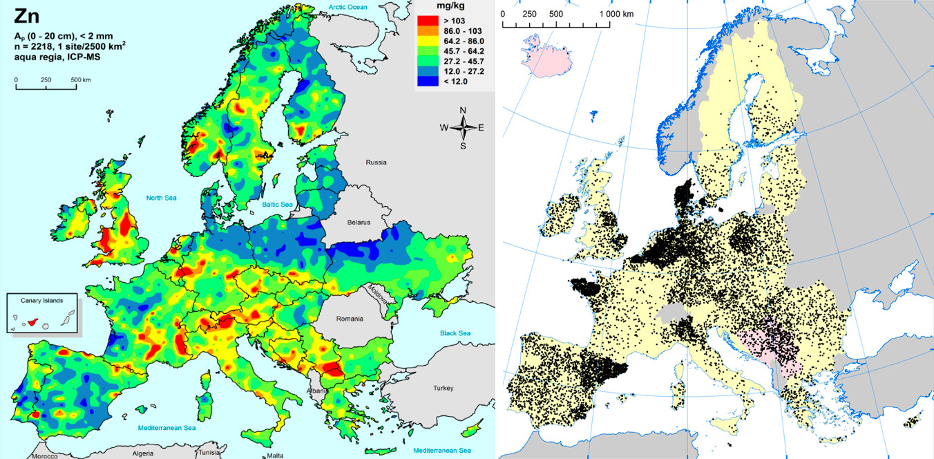 Izquierda: Zinc en suelos agr&iacute;colas de la UE (Gemas 2014): Niveles de zinc en la superf&iacute;cie del suelo (20 cm superiores) en tierra agr&iacute;cola en Europa (tomado de Reimann et al., 2014). Derecha: Granjas porcinas en la UE (Eurostat, 2014).
