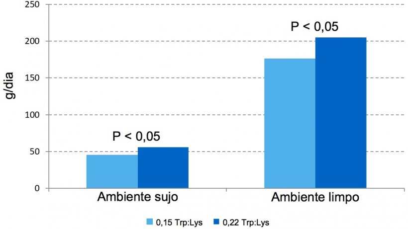 Figura&nbsp;1 &ndash;Efeito da rela&ccedil;&atilde;o&nbsp;Trp: Lys na dieta&nbsp;sobre a taxa de crescimento na fase de pr&eacute;-starter&nbsp;em&nbsp;dois ambientes&nbsp;diferentes.
