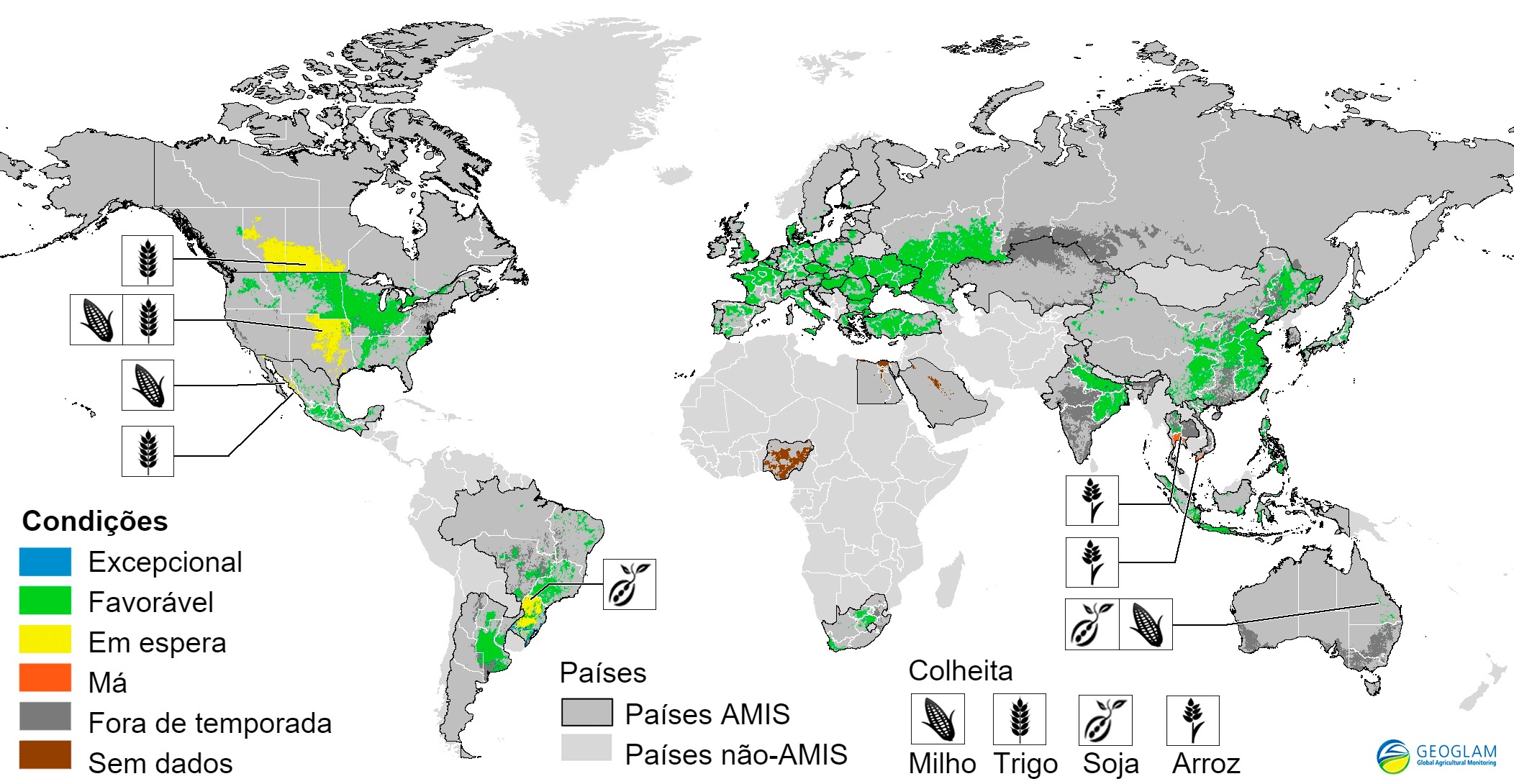 Figura 2. Condi&ccedil;&otilde;es das colheitas em pa&iacute;ses AMIS (a 28 de Mar&ccedil;o). Fonte GEOGLAM
