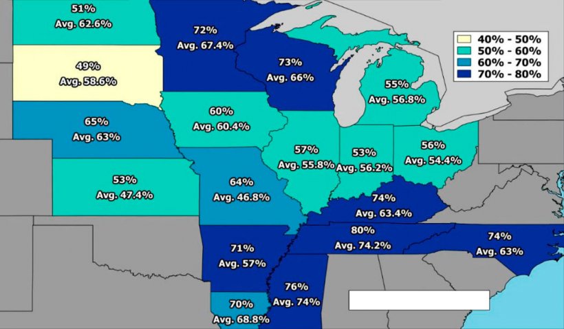 Imagem&nbsp;1. Estimativas da propor&ccedil;&atilde;o da cultura de soja, qualificada&nbsp;como boa/excelente, por estados nos EUA. Fonte FC Stone.
