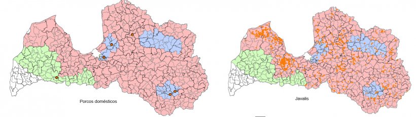 Situa&ccedil;&atilde;o epidemiol&oacute;gica da PSA na Let&oacute;nia entre 1 de Janeiro e 17 de Setembro de 2017. (Fonte: Food and Veterinary Service. Republic of Latvia)
