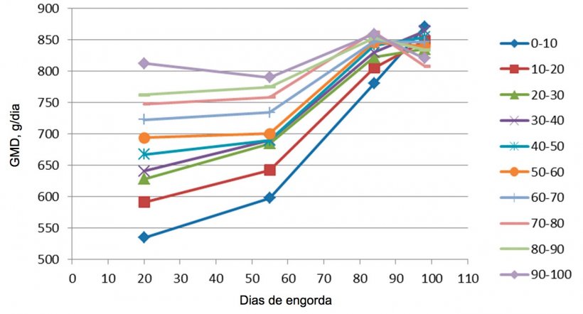 Figura 7. Evolu&ccedil;&atilde;o&nbsp;do&nbsp;GMD em&nbsp;fun&ccedil;&atilde;o do peso de entrada (cada 10%). No final da engorda&nbsp;todos acabam tendo um&nbsp;GMD semelhante, embora&nbsp;os maiores alcancem&nbsp;o m&aacute;ximo muito mais cedo, pelo que t&ecirc;m menos dias de perman&ecirc;ncia.
