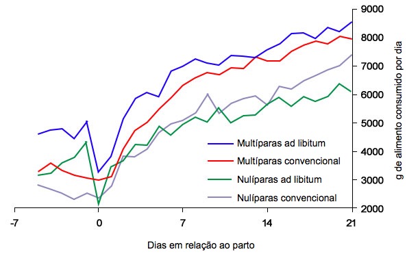 <p>Gr&aacute;fico&nbsp;6. Consumo de alimento na lacta&ccedil;&atilde;o de porcas alimentadas ad libitum e/ou com um programa convencional no periparto</p>
