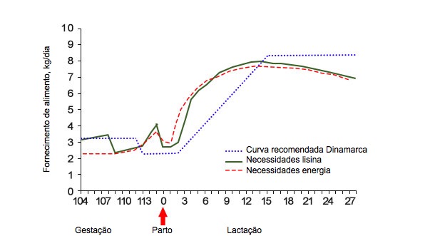 Gr&aacute;fico&nbsp;2. Quantidade de alimento necess&aacute;rio para uma&nbsp;ingest&atilde;o de energia e&nbsp;lisina ideal&nbsp;em&nbsp;compara&ccedil;&atilde;o&nbsp;com&nbsp;a curva de alimenta&ccedil;&atilde;o&nbsp;recomendada na&nbsp;Dinamarca durante a transi&ccedil;&atilde;o e&nbsp;lacta&ccedil;&atilde;o&nbsp;(Theil, 2017).
