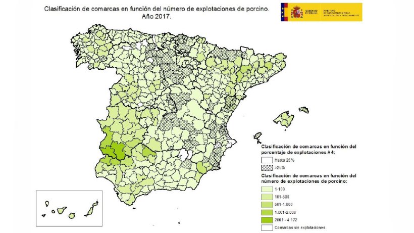 Classificação de comarcas em função do número de explorações de suíno e da percentagem de explorações A4.