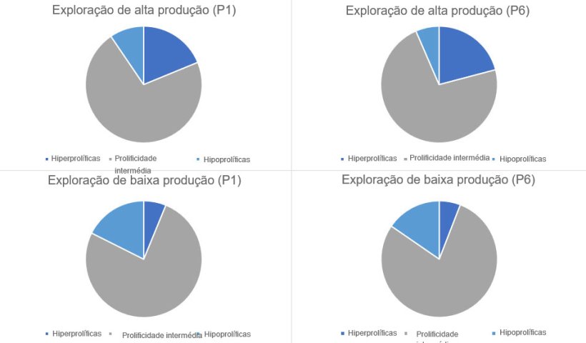 Gr&aacute;fico 1. Distribui&ccedil;&atilde;o do tipo de porcas, em parto 1 e 6, categorizados pelos tipos de explora&ccedil;&otilde;es analisados.
