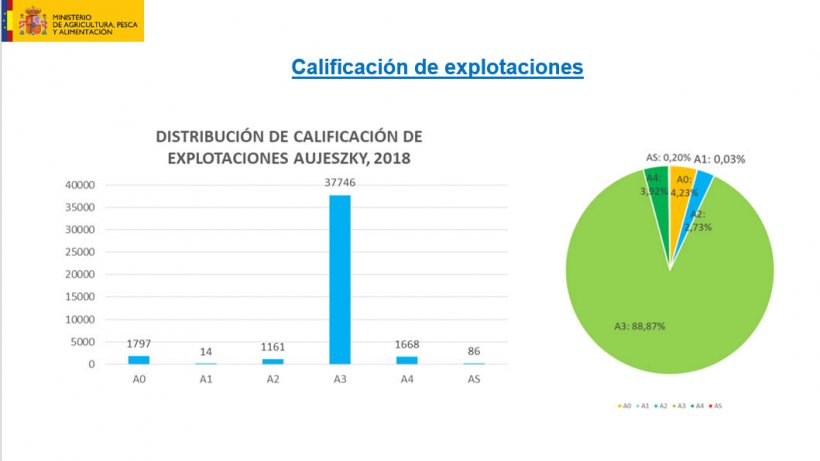 Distribui&ccedil;&atilde;o das explora&ccedil;&otilde;es em fun&ccedil;&atilde;o da classifica&ccedil;&atilde;o para a Doen&ccedil;a de Aujeszky (A0: desconhece-se a situa&ccedil;&atilde;o quanto &agrave; vacina&ccedil;&atilde;o ou dos controlos serol&oacute;gicos nos &uacute;ltimos doze meses, ou n&atilde;o se cumpre o programa de vacina&ccedil;&atilde;o ou dos controlos serol&oacute;gicos; A1: cumpre-se o programa de vacina&ccedil;&atilde;o e os controlos serol&oacute;gicos, com diagn&oacute;stico positivo contra a glicoprote&iacute;na gE do v&iacute;rus da DA no &uacute;ltimo controlo oficial efectuado; A2: cumpre-se o programa de vacina&ccedil;&atilde;o e os controlos serol&oacute;gicos, com resultado negativo para a glicoprote&iacute;na gE do v&iacute;rus da DA no &uacute;ltimo controlo oficial efectuado, sem que ainda se tenham iniciado as ac&ccedil;&otilde;es precisas para a sua classifica&ccedil;&atilde;o, ou tendo-as iniciado n&atilde;o as tenham terminado; A3 ou A4: as explora&ccedil;&otilde;es com classifica&ccedil;&atilde;o sanit&aacute;ria de indemne ou oficialmente indemne, respectivamente.)
