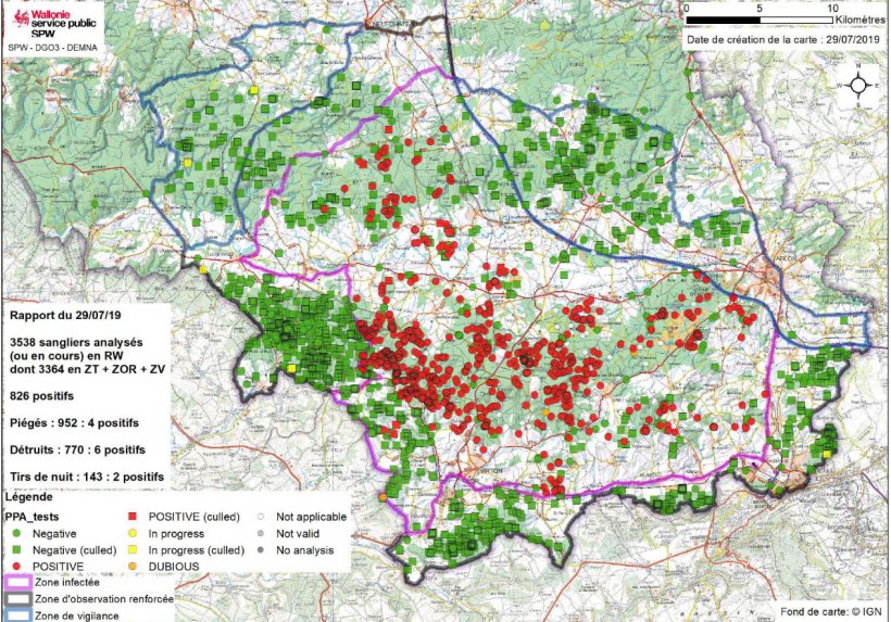 Mapa da distribuição de javalis em 29 de Julho de 2019