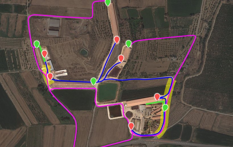 Imagem 7. Representação das modificações propostas incorporando os novos cais de carga (pontos verdes). A zona de risco de contaminação cruzada (risco amarelo) entre o cais de carga interno (azul) e o externo (lilás) foi reduzida a 2 pontos graças à abertura/adequação de caminhos e à modificação da cerca.