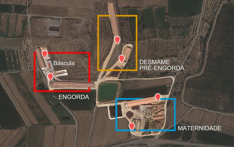 Imagem 2. Distribuição das fases por pavilhões e cais de carga originais (pontos vermelhos).
