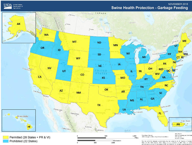 Estados que permitem (a amarelo) ou não (a azul) o uso de restos de comida para alimentar porcos
