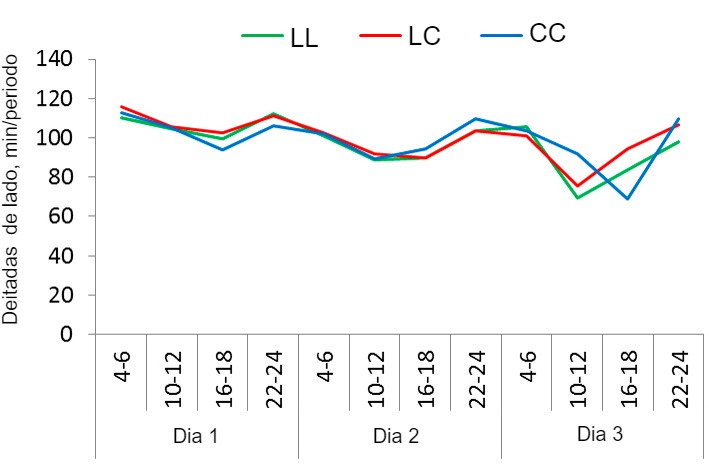 Figura1. Padrão de repouso das porcas no sistema SWAP com 3 estratégias de uso diferentes: sem confinamento, confinamento após o parto e durante 4 dias (depois livres) ou confinamento a partir do dia anterior ao parto e durante 4 dias (depois livres). O tempo que as porcas passaram deitadas de lado durante os 3 primeiros dias de lactação (registado em periodos de 2 h) nos 3 tratamentos: livres no parto e  lactação, (LL), confinadas após o parto e durante os primeiros 4 dias de lactação (LC), confinadas um dia antes do parto previsto e durante os 4 primeiros dias de lactação (CC).
