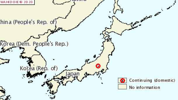 Surto atual de PSC em su&iacute;nos dom&eacute;sticos no Jap&atilde;o. Fonte: OIE.
