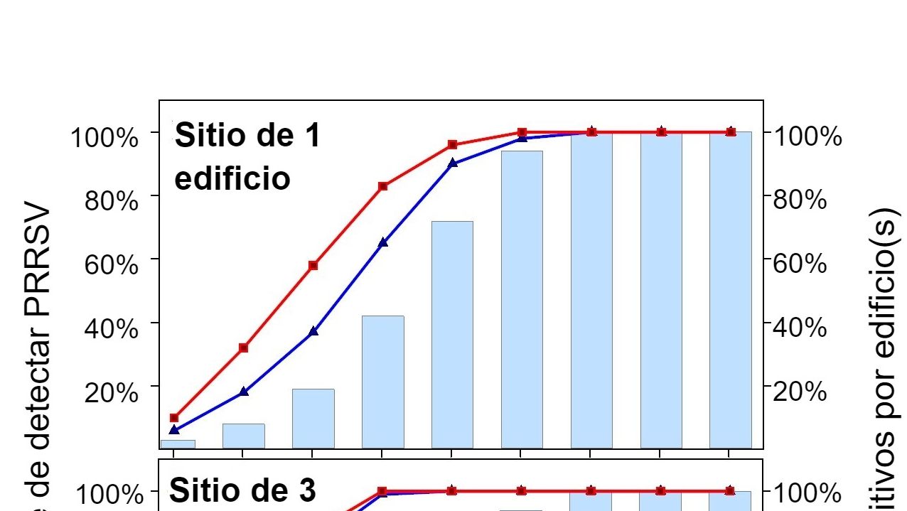 Figura 1. Detec&ccedil;&atilde;o de PRRSV usando amostragem fixa espacial. Probabilidade de detectar &ge; 1 amostra positiva a PRRSV como fun&ccedil;&atilde;o do n&uacute;mero de amostras recolhidas por parque (2 ou 4) e n&uacute;mero de parques amostrados por explora&ccedil;&atilde;o (1 ou 3). Note que a probabilidade de detec&ccedil;&atilde;o aumenta geometricamente com o n&uacute;mero de cordas e pavilh&otilde;es amostrados. Dados de Rotolo et al., (2017). 
