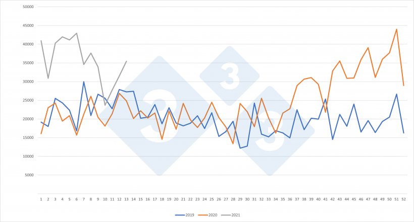 Importações espanholas semanais de leitões procedentes da Holanda