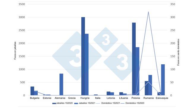 Focos de PSA em javalis e suínos domésticos da UE entre Janeiro e Junho de 2021