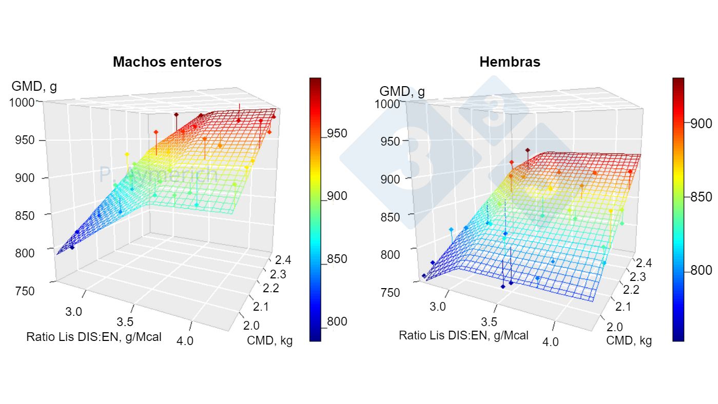 Figura 1. Modeliza&ccedil;&atilde;o do efeito da raz&atilde;o lisina-energia e consumo m&eacute;dio di&aacute;rio em machos inteiros e f&ecirc;meas entre 70 e 105 kg de peso vivo. GMD=ganho m&eacute;dio di&aacute;rio, CMD=consumo m&eacute;dio di&aacute;rio. Fonte: Aymerich et al., 2020.