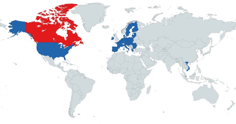 Figura&nbsp;1. Pa&iacute;ses com os quais o Canad&aacute; tem acordos de zonificação para a PSA (Vietname, Singapur,&nbsp;la União Europeia e Estados Unidos).
