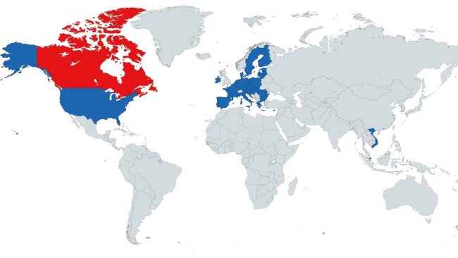 Figura 1. Países com os quais o Canadá tem acordos de zonificação para a PSA (Vietname, Singapur, la União Europeia e Estados Unidos).