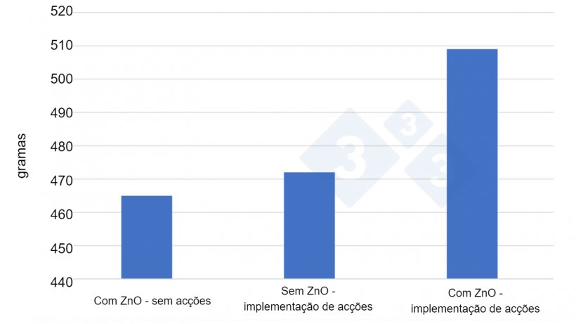 Figura 2. Ganho diário médio obtido em 3 testes de 6 meses cada um, de Abril de 2020 a Setembro de 2021, com 12.000 - 12.500 leitões por ensaio em diferentes condições (ZnO sem outras acções, sem ZnO mas com novas estratégias de alimentação e iniciativas em higiene e manijo&nbsp;y ZnO combinado com novas estratégias). Fonte: produtor de porcos dinamarquês Anders Rold, participante no projecto SEGES / Vilomix.
