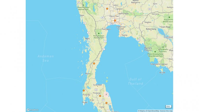 Surtos de PSA e clusters de surtos na Tail&acirc;ndia. &copy; OpenStreetMap contributors.&nbsp;https://www.openstreetmap.org/copyright
