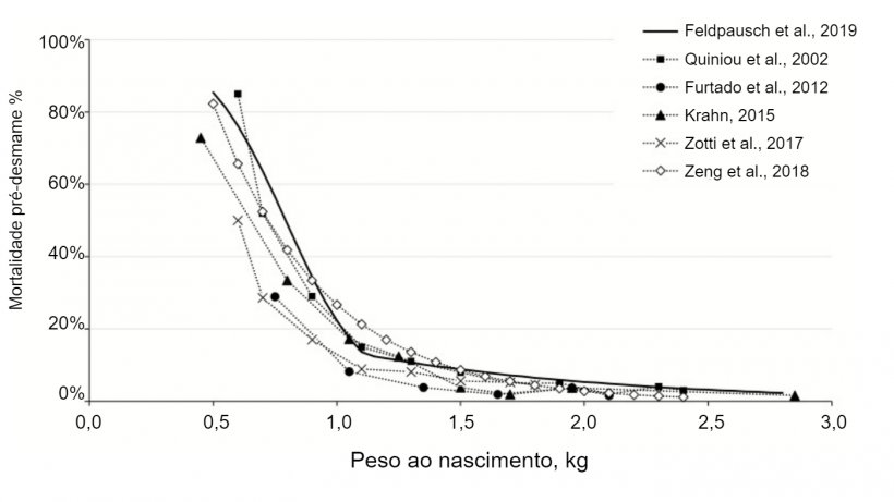 Figura 1. Efeito do peso ao nascimento dos leitões sobre a mortalidade pré-desmame entre vários estudos. Feldpausch et al. (2019) os valores baseiam-se nos valores de mortalidade pré-desmame prevista no actual trabalho. Os valores de Zeng et al. (2018) derivam de uma equação de predição publicada pelos autores. Fonte: Feldpausch et al., 2019.
