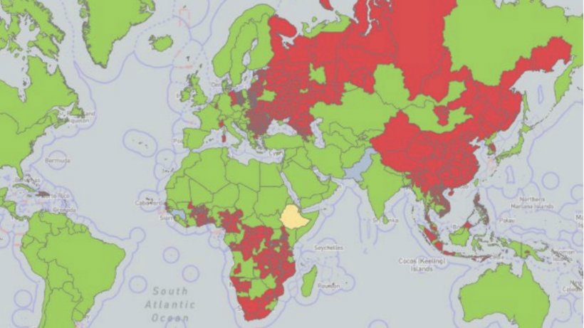 Global cumulative distribution of African swine fever since 2005. Infected areas (reported at least
once) are shown in red, suspected areas in yellow, and free areas in green. Source: WOAH.
