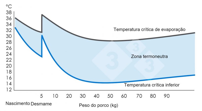 Gráfico 1. Zona termoneutra ou de conforto térmico (onde o porco se sente confortável). Ministry of Agriculture, Fisheries and Food (1983). Pig Environment. Great Britain: MAFF. (Volume 2410)