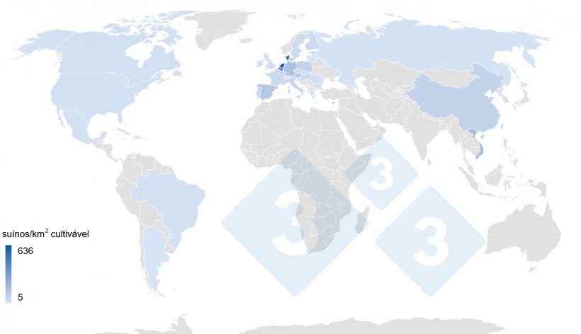 Mapa 1. N&ordm; de su&iacute;nos/km2 de terra cultiv&aacute;vel nos principais pa&iacute;ses produtores mundiais em 2020. Dados terra cultiv&aacute;vel: Banco Mundial. Dados de efectivo: 3tres3
