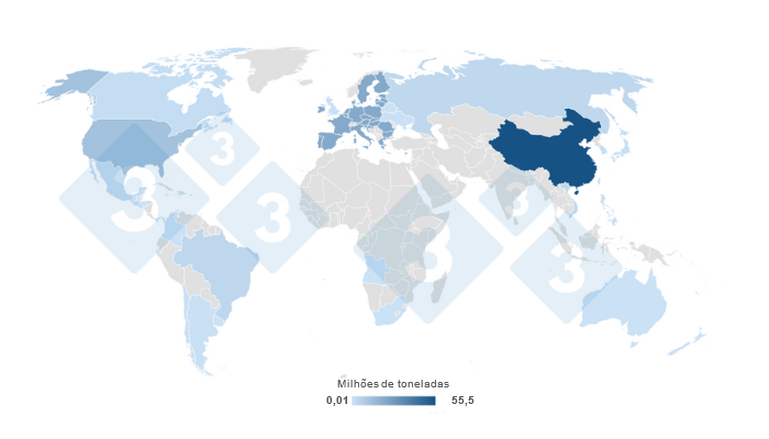 Mapa 1. Concentra&ccedil;&atilde;o da produ&ccedil;&atilde;o mundial de carne de porco estimada para 2023.&nbsp;Elaborado pelo Departamento de Economia e de Mercados com dados do Departamento de Agricultura dos Estados Unidos (USDA).&nbsp;
