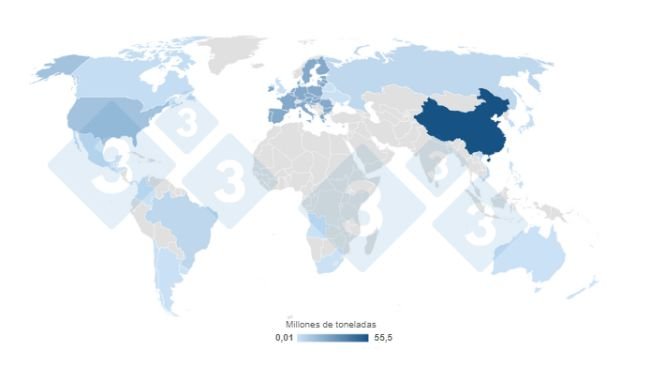 Mapa 1. Concentração da produção mundial de carne de porco estimada para 2023. Elaborado pelo Departamento de Economia e de Mercados com dados do Departamento de Agricultura dos Estados Unidos (USDA). 
