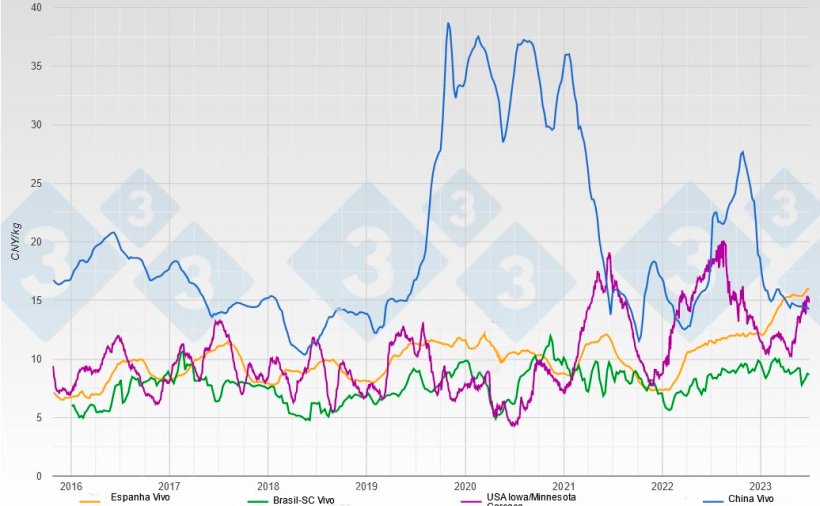 Evolu&ccedil;&atilde;o das cota&ccedil;&otilde;es do porco em peso vivo e carca&ccedil;a em CNY/kg nos principais fornecedores de carne de porco da China
