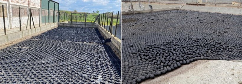 Imagem 2. Eficiência de redução das emissões de NH3 de 60% com peças geométricas flutuantes: na foto da esquerda, hexágonos HEXA-COVER (imagem fornecida pelo DPLAN) e bolas cheias de água PANAL FLOATING na foto da direita.