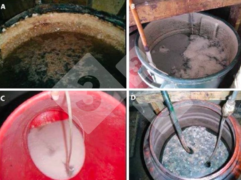 Figura 1. Solu&ccedil;&otilde;es de precipita&ccedil;&atilde;o e produtos que podem bloquear o sistema de medi&ccedil;&atilde;o. A: Cristais e lama negra; B: Cristais e precipitado flutuante; C: Precipitado branco em solu&ccedil;&atilde;o; D: Precipitado branco em solu&ccedil;&atilde;o: Precipitado flutuante. Fonte: Dorr PM, Madson M, Wayne S, et al (2009).
