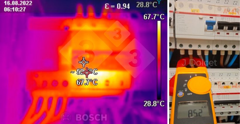 Fotos 2. Detecção de uma possível avaria com termografia (esquerda) e com o conhecido aparelho de teste (direita)
