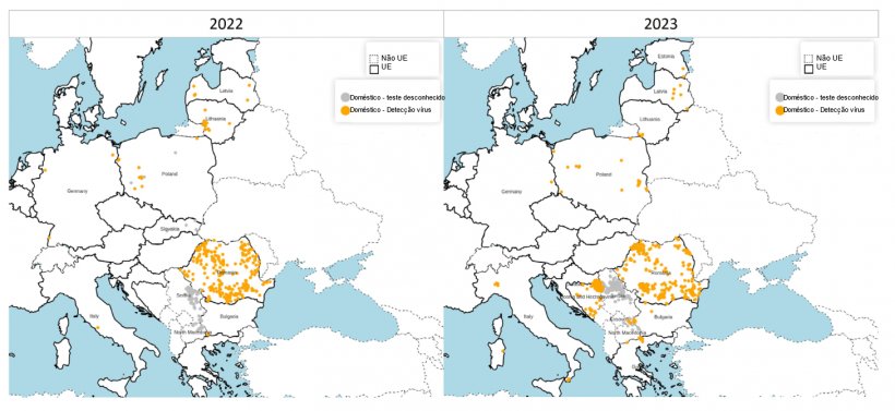 Distribui&ccedil;&atilde;o espacial dos focos de PSA confirmados em 2022 entre su&iacute;nos dom&eacute;sticos (esquerda) e 2023 (direita). Fonte: ADIS, consultado a 1 de Fevereiro de 2024. &copy; EuroGeographics para os limites administrativos.
