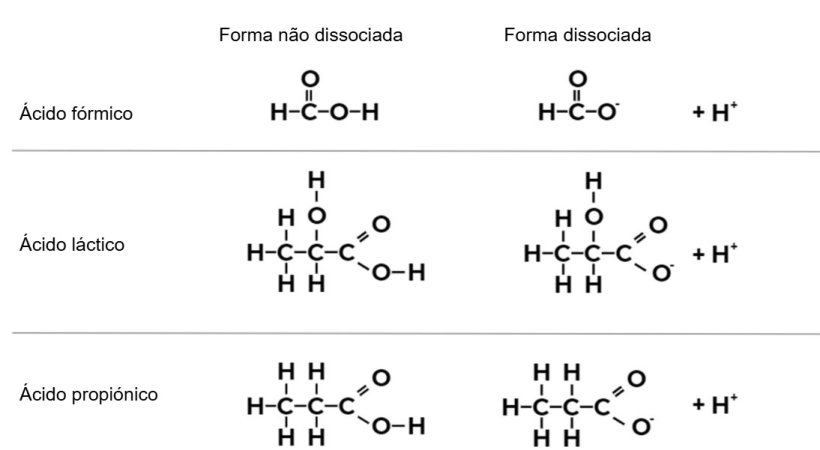 Figura 1. F&oacute;rmula qu&iacute;mica do &aacute;cido f&oacute;rmico, &aacute;cido l&aacute;ctico e &aacute;cido propi&oacute;nico na sua forma n&atilde;o dissociada e dissociada.