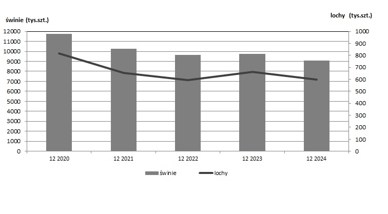 Gr&aacute;fico 1. Popula&ccedil;&atilde;o de su&iacute;nos e reprodutoras na Pol&oacute;nia desde o final de 2020 at&eacute; ao final de 2024. Fonte: Gabinete Central de Estat&iacute;stica, Pol&oacute;nia.
