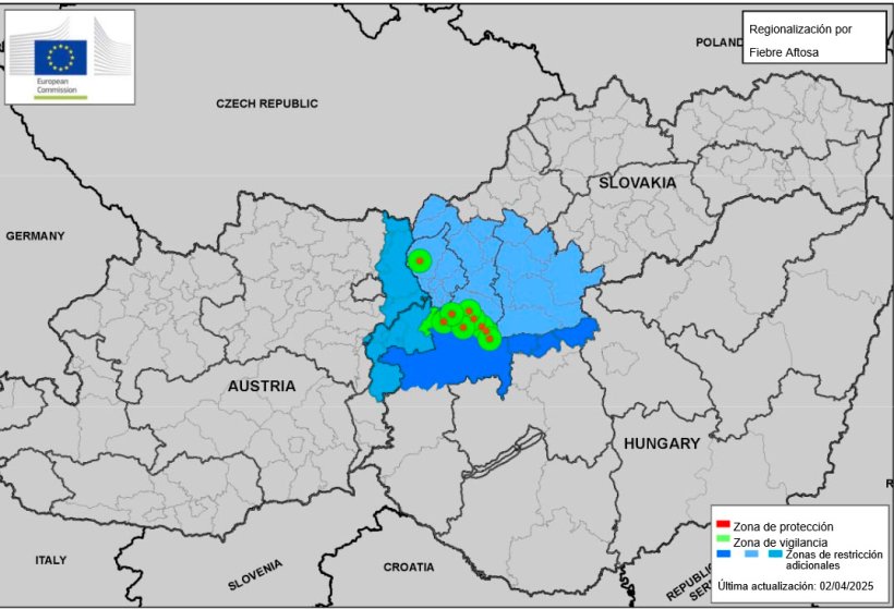 Zonas de prote&ccedil;&atilde;o e vigil&acirc;ncia e zona de restri&ccedil;&atilde;o adicional de acordo com o Documento PLAN/FMD08 REV1/2025 2025-SANTE G2. &Uacute;ltima actualiza&ccedil;&atilde;o a 02/04/2025. Fonte: CE.
