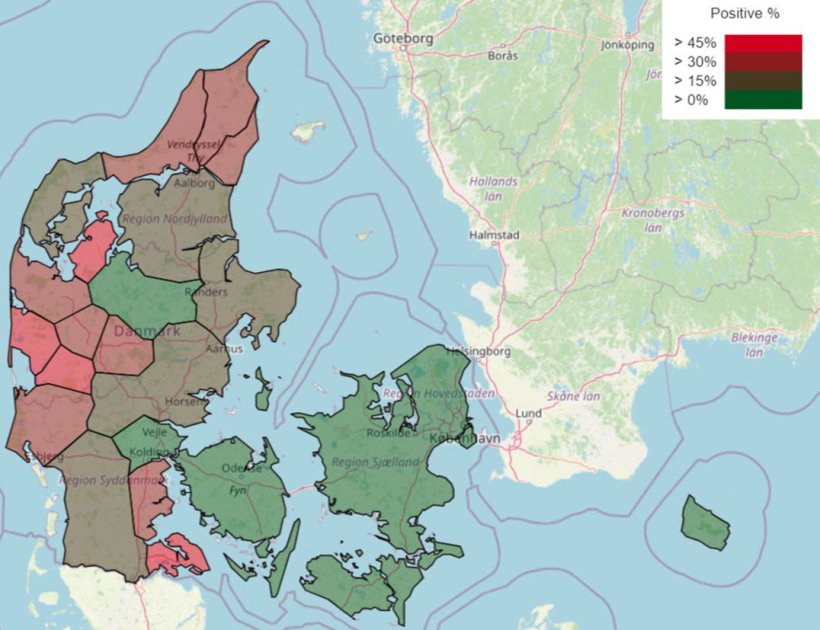 Figura 1: Preval&ecirc;ncia (%) de explora&ccedil;&otilde;es dinamarquesas com estatuto sanit&aacute;rio positivo &agrave; PRRS, por regi&atilde;o, em Janeiro de 2025

