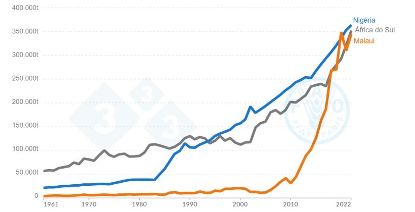Gráfico da produção de carne de porco onde se observa a tendência de crescimento na Nigéria, Malaui e Áffrica do Sul de 1961 a 2022. Fonte: Organização das Nações Unidas para a Alimentação e Agricultura (2023)