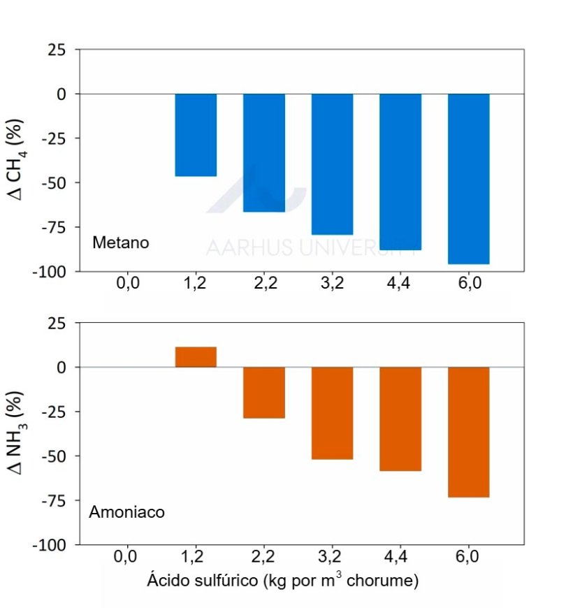 Figura 1. A regulamenta&ccedil;&atilde;o dinamarquesa estabelece a adi&ccedil;&atilde;o de 6 kg de &aacute;cido sulf&uacute;rico por m&sup3; de chorume de porco para reduzir las emisiones de amon&iacute;aco. Num estudo piloto, foram utilizadas seis doses diferentes de &aacute;cido (de 0 a 6 kg por m3). Os dois gr&aacute;ficos mostram as altera&ccedil;&otilde;es percentuais nas emiss&otilde;es de metano e amon&iacute;aco, utilizando como refer&ecirc;ncia o chorume de su&iacute;nos n&atilde;o tratado. Fonte: Ma et al., 2022.