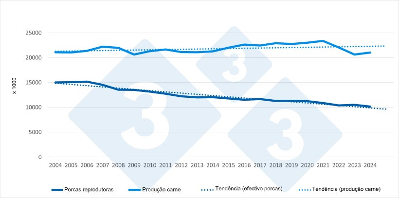 Evolu&ccedil;&atilde;o da popula&ccedil;&atilde;o de reprodutoras e da produ&ccedil;&atilde;o de carne na UE (2004-2024). Fonte: 333 com base em dados do Eurostat.
