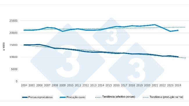 Evolução da população de reprodutoras e da produção de carne na UE (2004-2024). Fonte: 333 com base em dados do Eurostat.