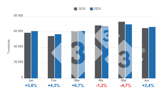 Gráfico 1: Produção mensal de carne de porco no primeiro semestre de 2025, variações anuais. Elaborado pelo Departamento de Economia da 333 América Latina com dados da Secretaria de Agricultura, Pecuária e Pescas do Ministério da Economia da Argentina.