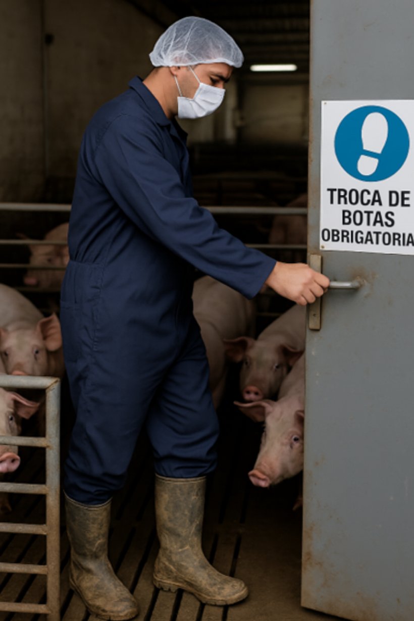 Imagem 1. Trabalhador numa explora&ccedil;&atilde;o de su&iacute;nos atravessa diferentes &aacute;reas sem trocar as botas, ignorando o protocolo de biosseguran&ccedil;a indicado. Imagem gerada por intelig&ecirc;ncia artificial para fins ilustrativos (OpenAI, 2025).
