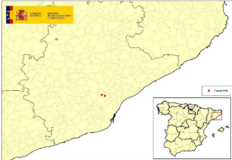 Localiza&ccedil;&atilde;o dos 2 focos em javalis detectados na Catalunha (Fonte: MAPA)
